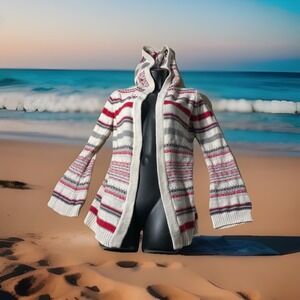 Roxy Womens‎ Striped Stripe Hooded Open Wrap Sweater Cream  Red Sp